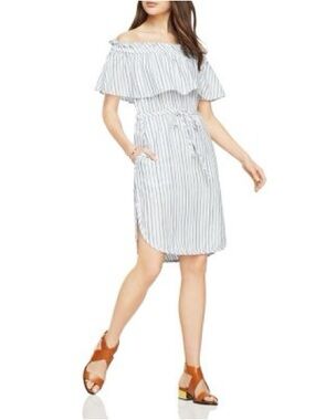 BCBGMaxAzria White and Blue Striped Off-Shoulder Dress